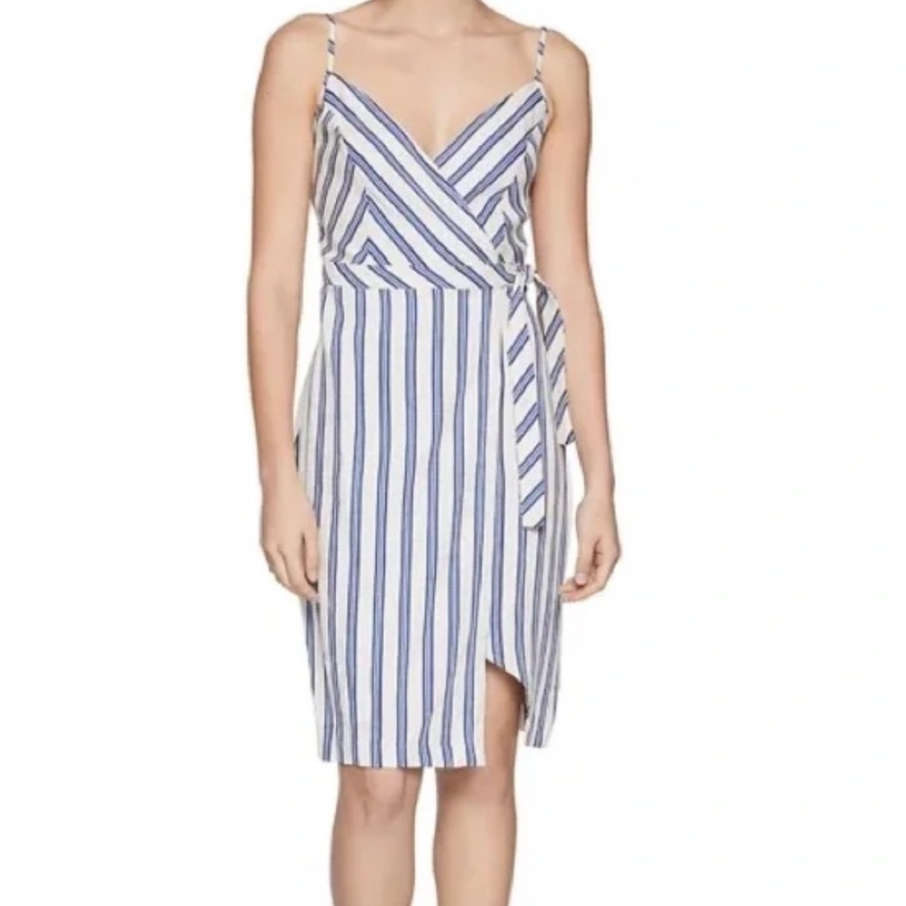 BCBG linen dress wrap adjustable sleeve stripe xs